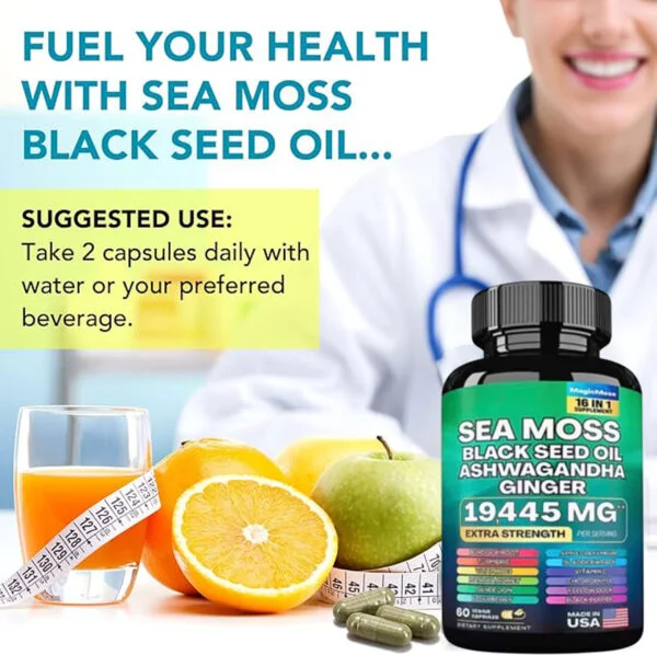 Tarmya Sea Moss Black Seed Oil Ashwagandha and Ginger – Extra Strength 16-in-1 Herbal Supplement | Immune, Energy & Stress Support | 60 Vegan Capsules
