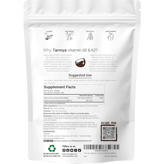 Tarmya Vitamin D3 10,000 IU with K2 (MK-7) 200 mcg | 300 Softgels with Virgin Coconut Oil | Non-GMO, Gluten-Free, Lab-Tested