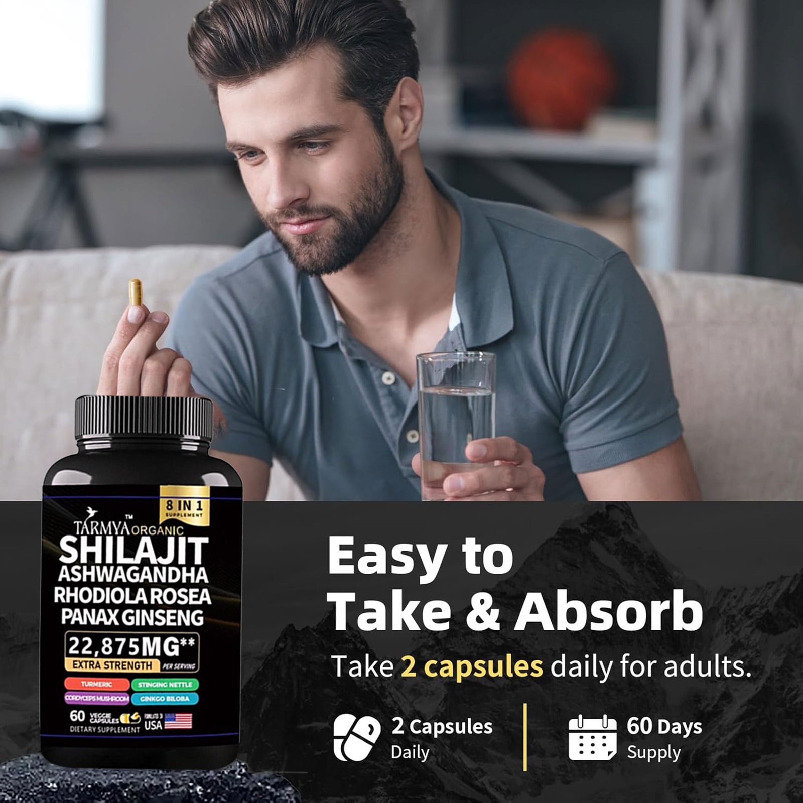 Tarmya Shilajit Ashwagandha Rhodiola Rosea & Panax Ginseng – Extra Strength 8-in-1 Supplement | With Turmeric, Stinging Nettle, Cordyceps & Ginkgo Biloba | 60 Vegan Capsules for Energy, Focus, Sleep, Immune & Cortisol Support