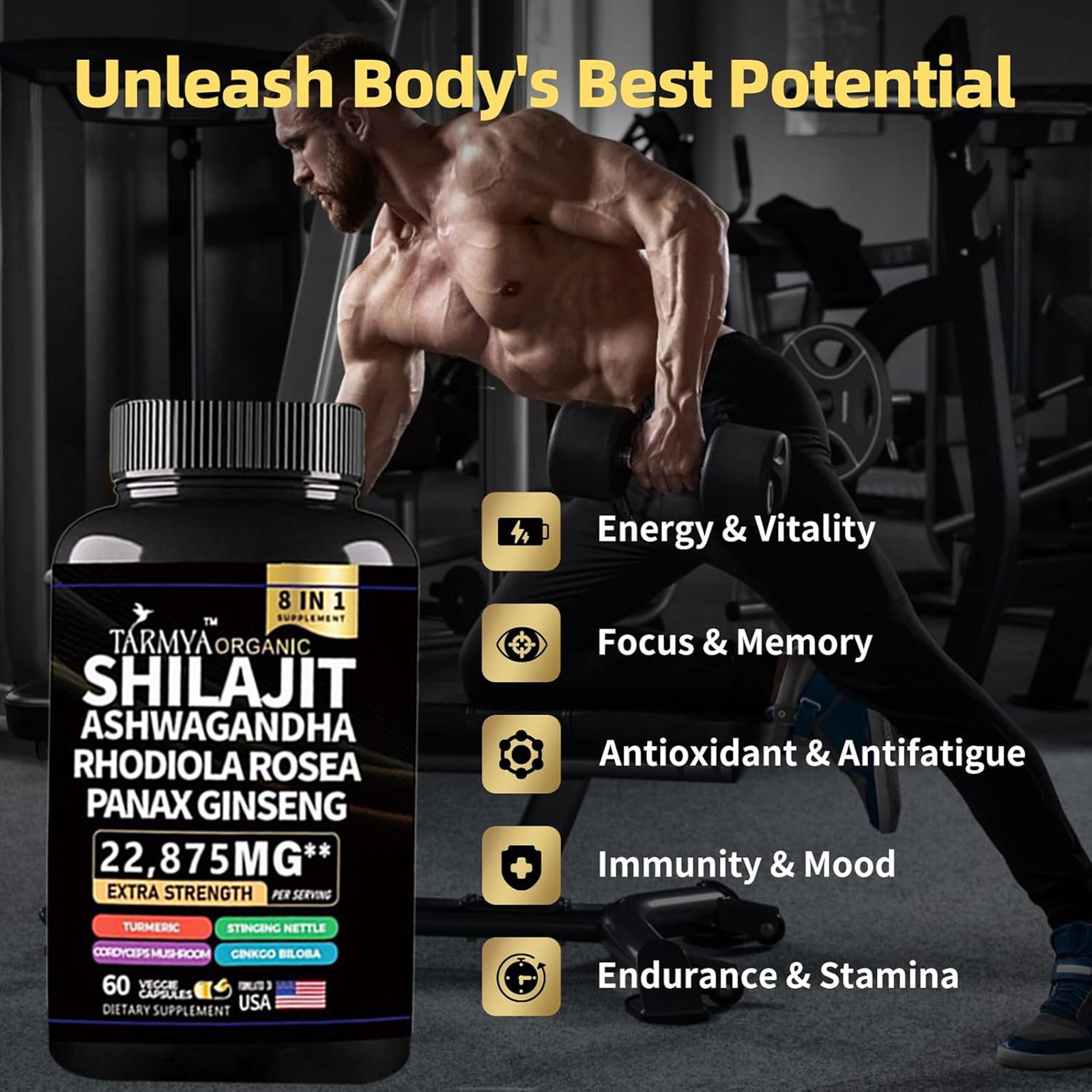 Tarmya Shilajit Ashwagandha Rhodiola Rosea & Panax Ginseng – Extra Strength 8-in-1 Supplement | With Turmeric, Stinging Nettle, Cordyceps & Ginkgo Biloba | 60 Vegan Capsules for Energy, Focus, Sleep, Immune & Cortisol Support